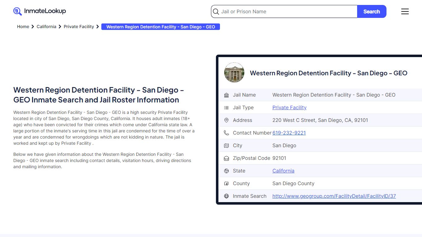 Western Region Detention Facility - San Diego - GEO Inmate Search, Jail ...