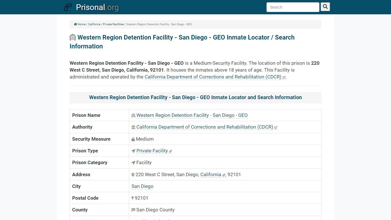 Western Region Detention Facility - San Diego - GEO-Inmate Locator ...